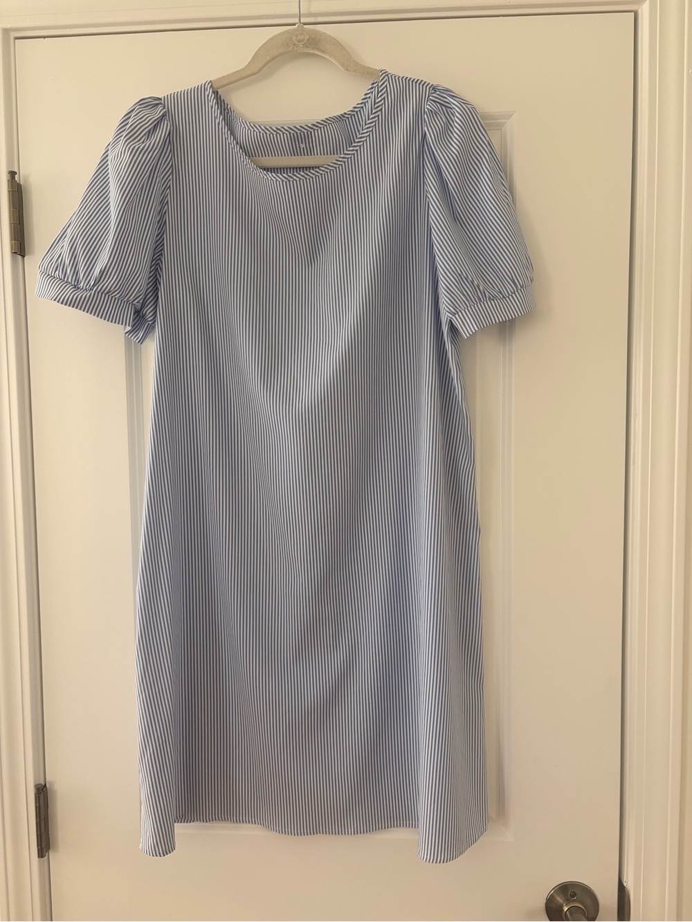 Classic Light Blue Pinstripe Puff-Sleeve Dress